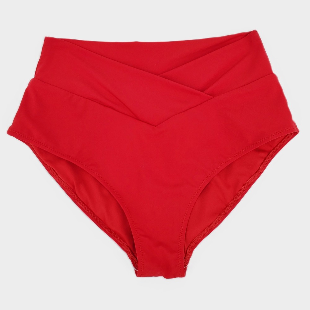 CRZ YOGA High Waist Crossover Bikini Bottoms Small Deep Red Quick Dry Lined New
